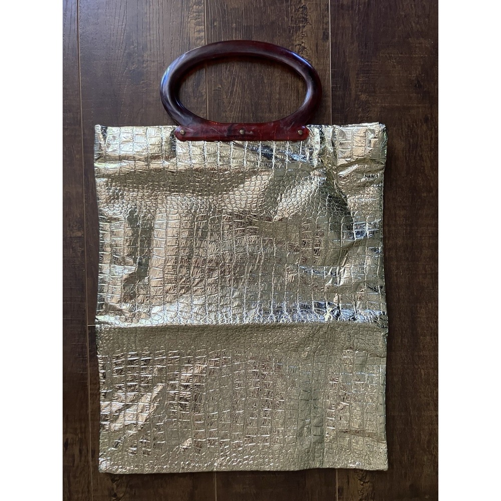 Vintage Lady's Pride Gold Metallic Faux Croc Clutch Tote Purse Lucite Handle